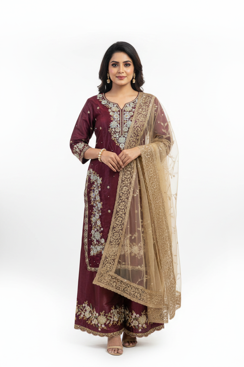 Maroon Embroidered Suit Set with Golden Dupatta