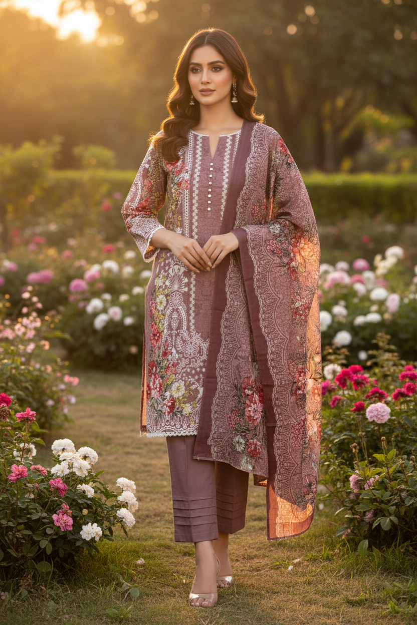 Dusty Mauve Floral Printed 3-Piece Suit Set
