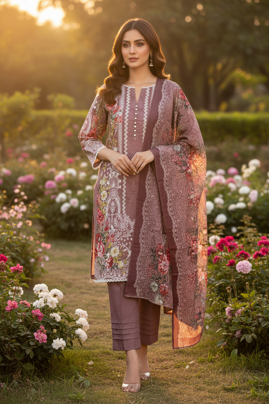 Dusty Mauve Floral Printed 3-Piece Suit Set