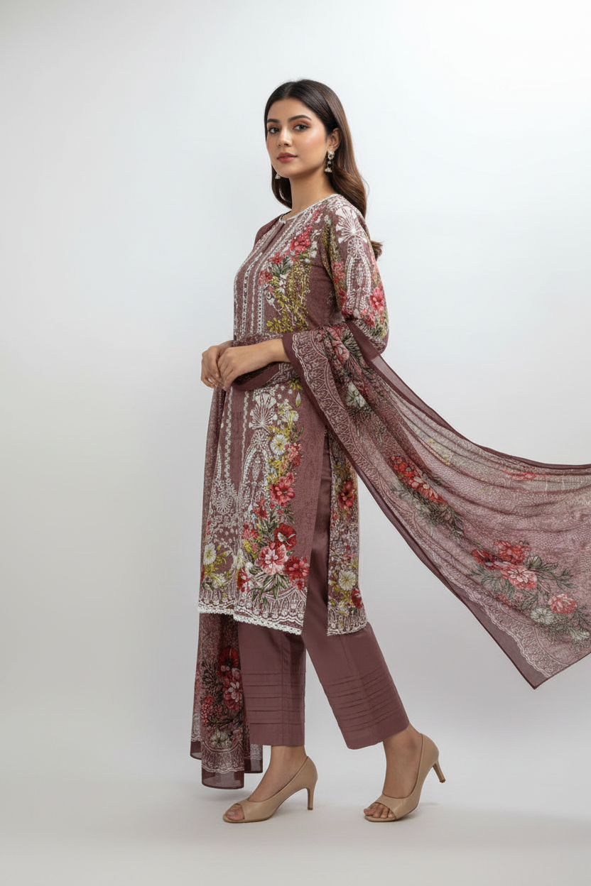 Dusty Mauve Floral Printed 3-Piece Suit Set