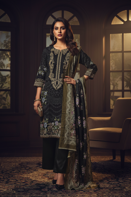 Black Floral Embroidered Suit Set