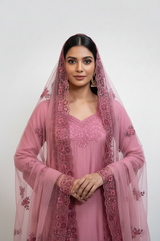 Dusty Pink Embroidered Suit Set with Dupatta
