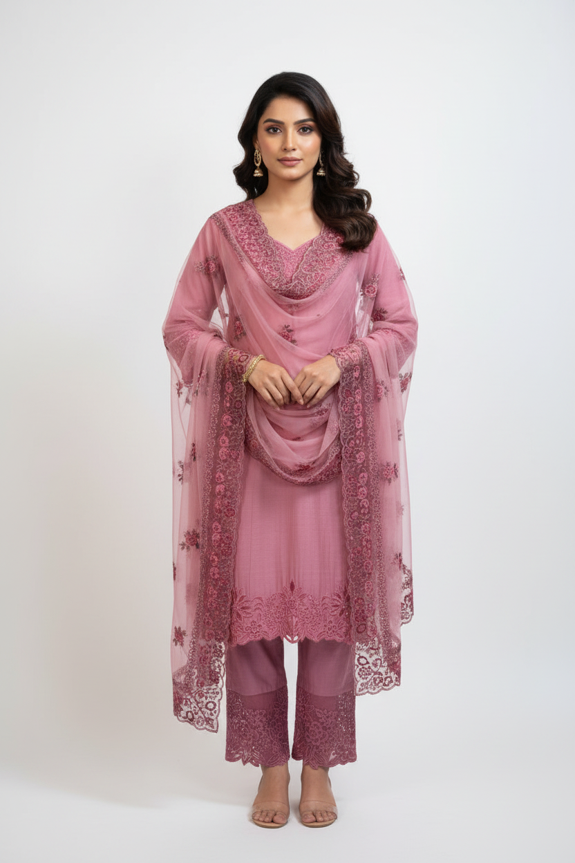 Dusty Pink Embroidered Suit Set with Dupatta