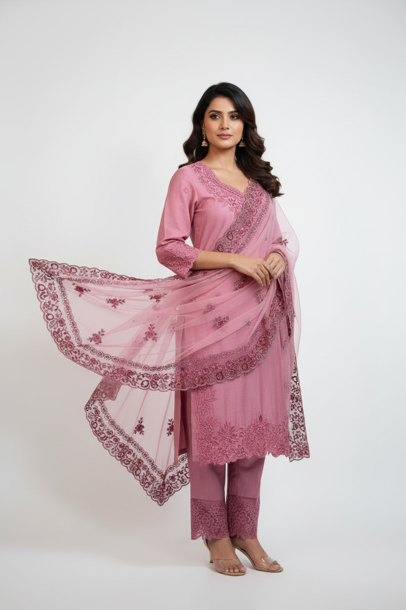 Dusty Pink Embroidered Suit Set with Dupatta