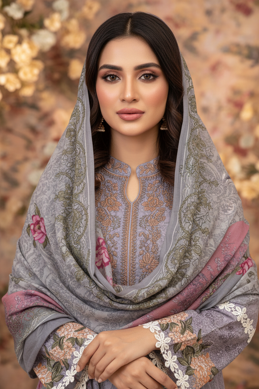 Grey Floral Embroidered Suit Set
