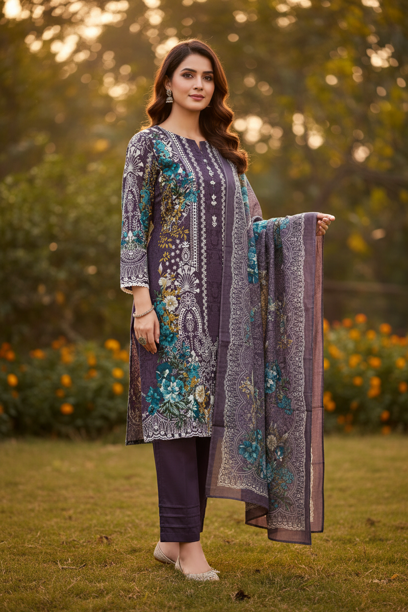 Dark Purple Teal Floral Printed 3-Piece Suit Set