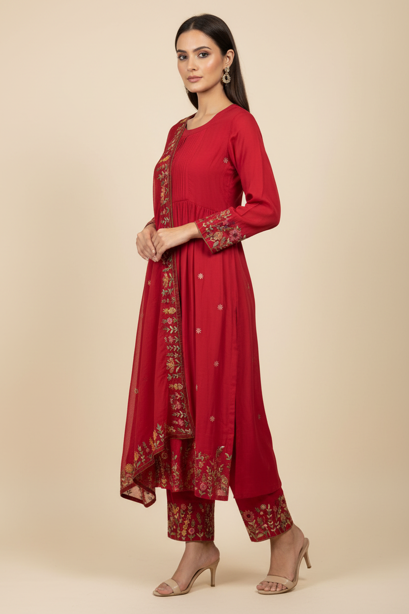 Red Embroidered Suit – Side Angle