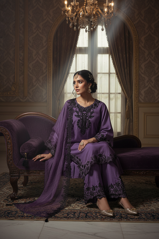 Purple Black Embroidered Kaftan Suit Set