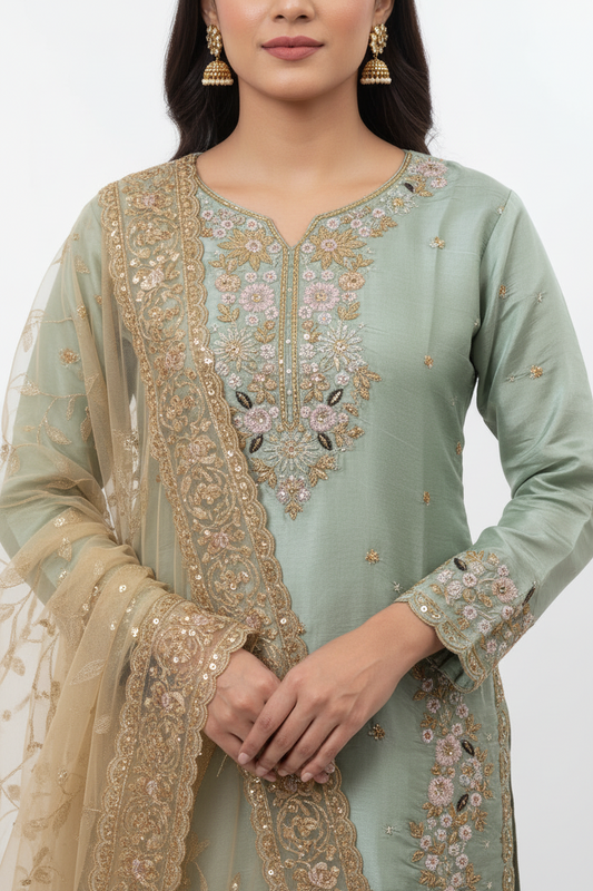 Sage Green Embroidered Suit Set with Dupatta