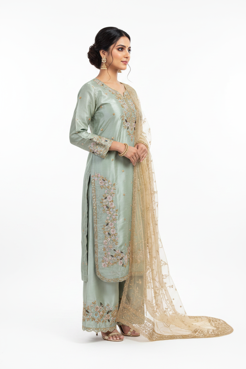 Sage Green Embroidered Suit Set with Dupatta