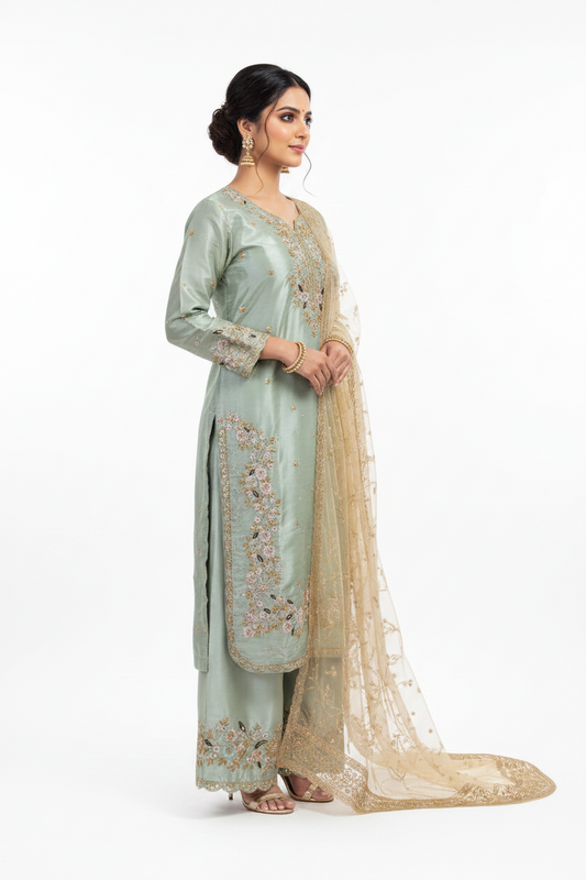 Sage Green Embroidered Suit Set with Dupatta