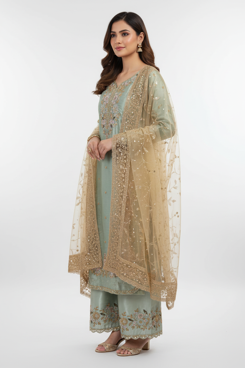 Sage Green Embroidered Suit Set with Dupatta
