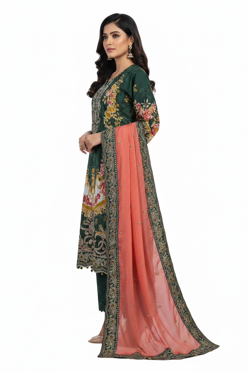 Dark Green Floral Printed Suit with Peach Dupatta