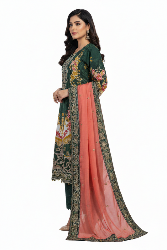 Dark Green Floral Printed Suit with Peach Dupatta