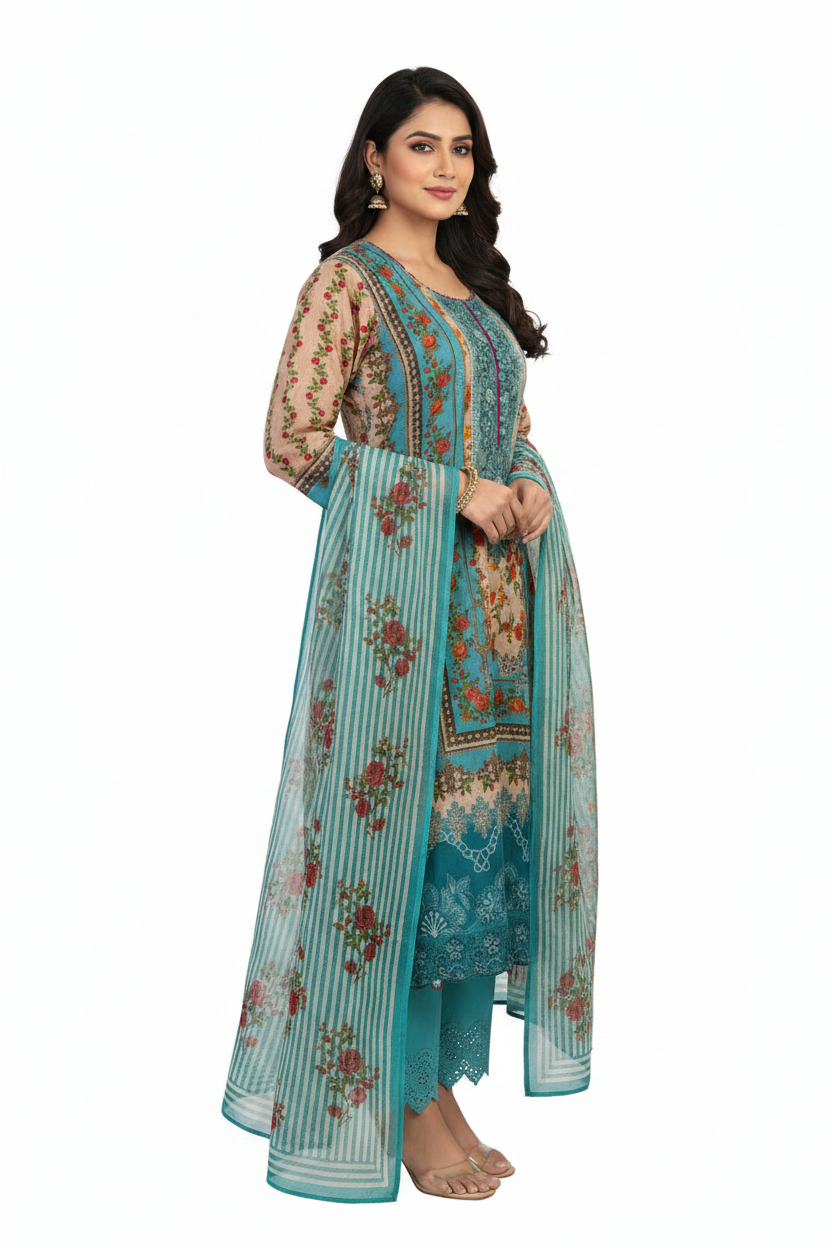 Teal Blue Floral Printed Suit