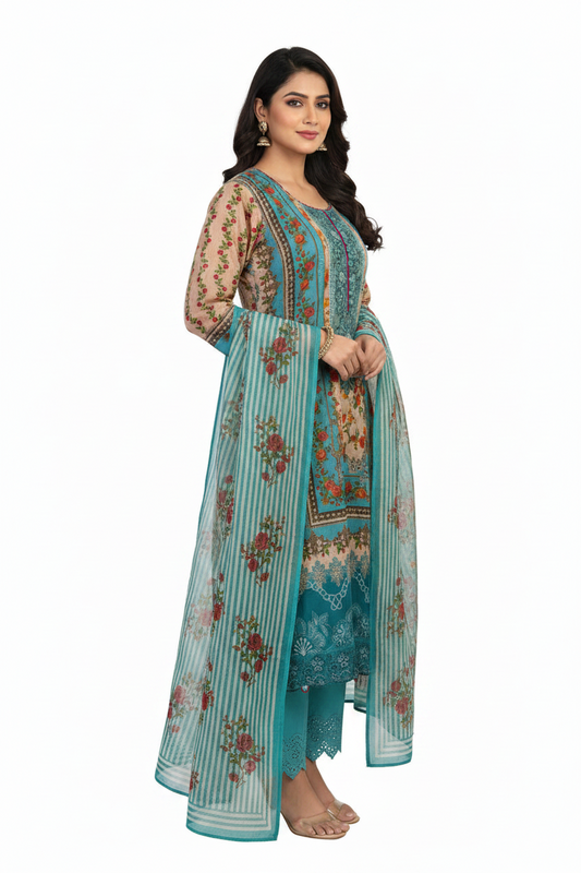 Teal Blue Floral Printed Suit