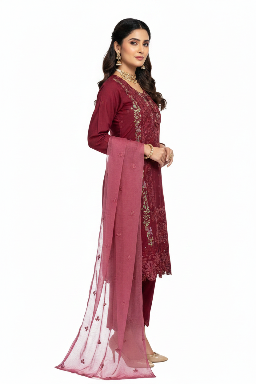 Elegant Wine Red Embroidered Suit Set with Chiffon Dupatta