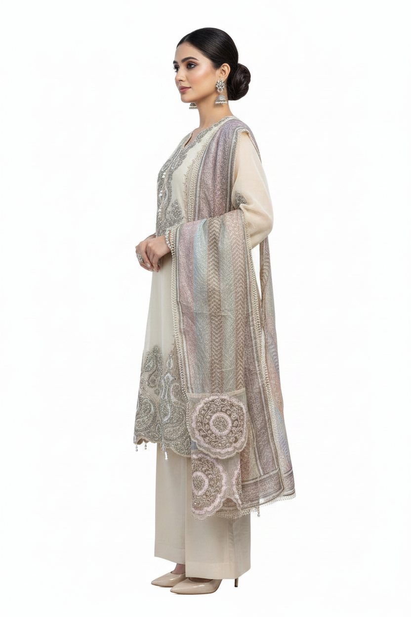Elegant Ivory Embroidered Suit Set with Pastel Organza Dupatta