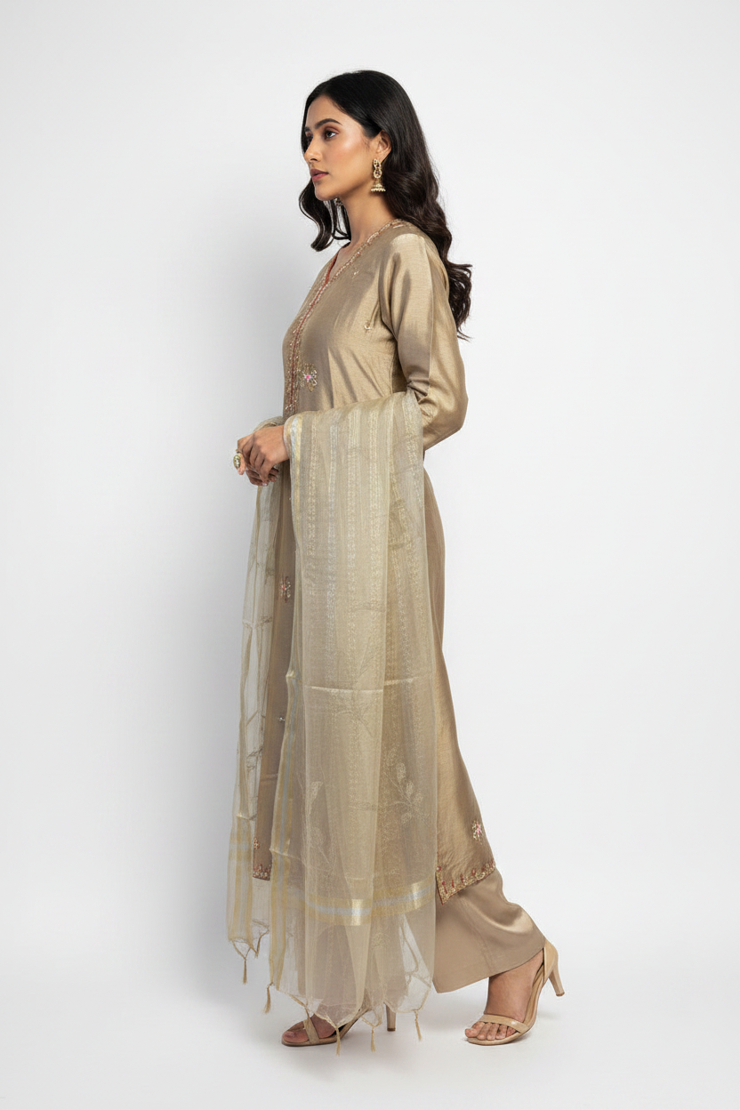 Elegant Taupe Beige Suit Set with Organza Dupatta for Women