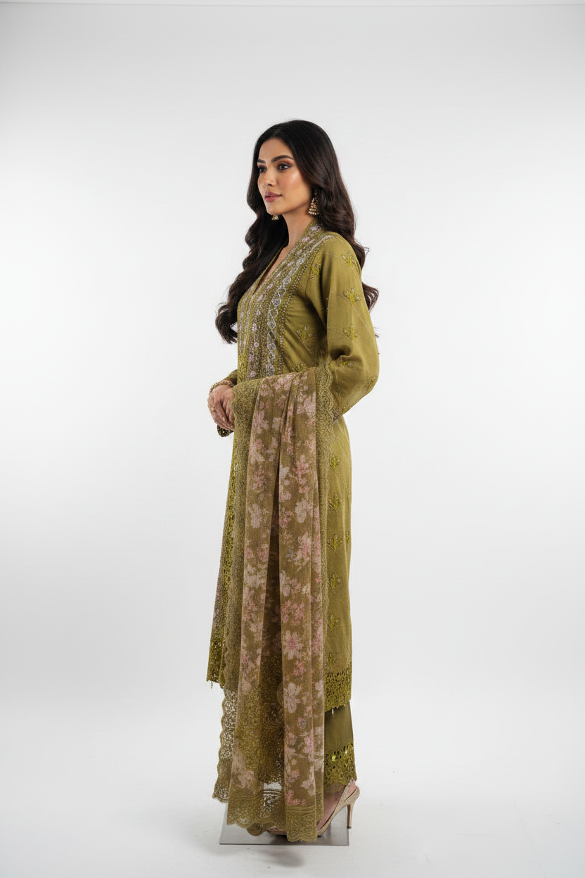 Olive Gold Embroidered Cotton Suit