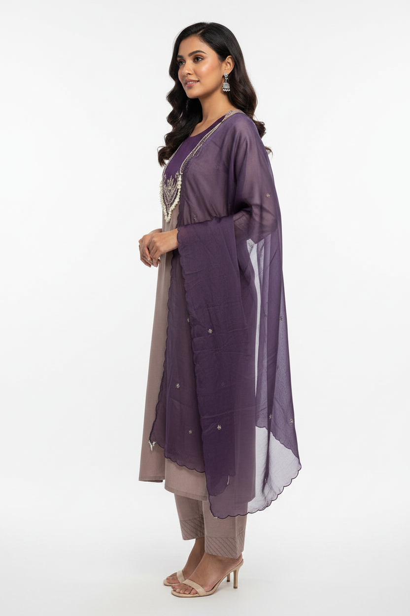 Elegant Mauve & Purple Embroidered Suit Set with Chiffon Dupatta