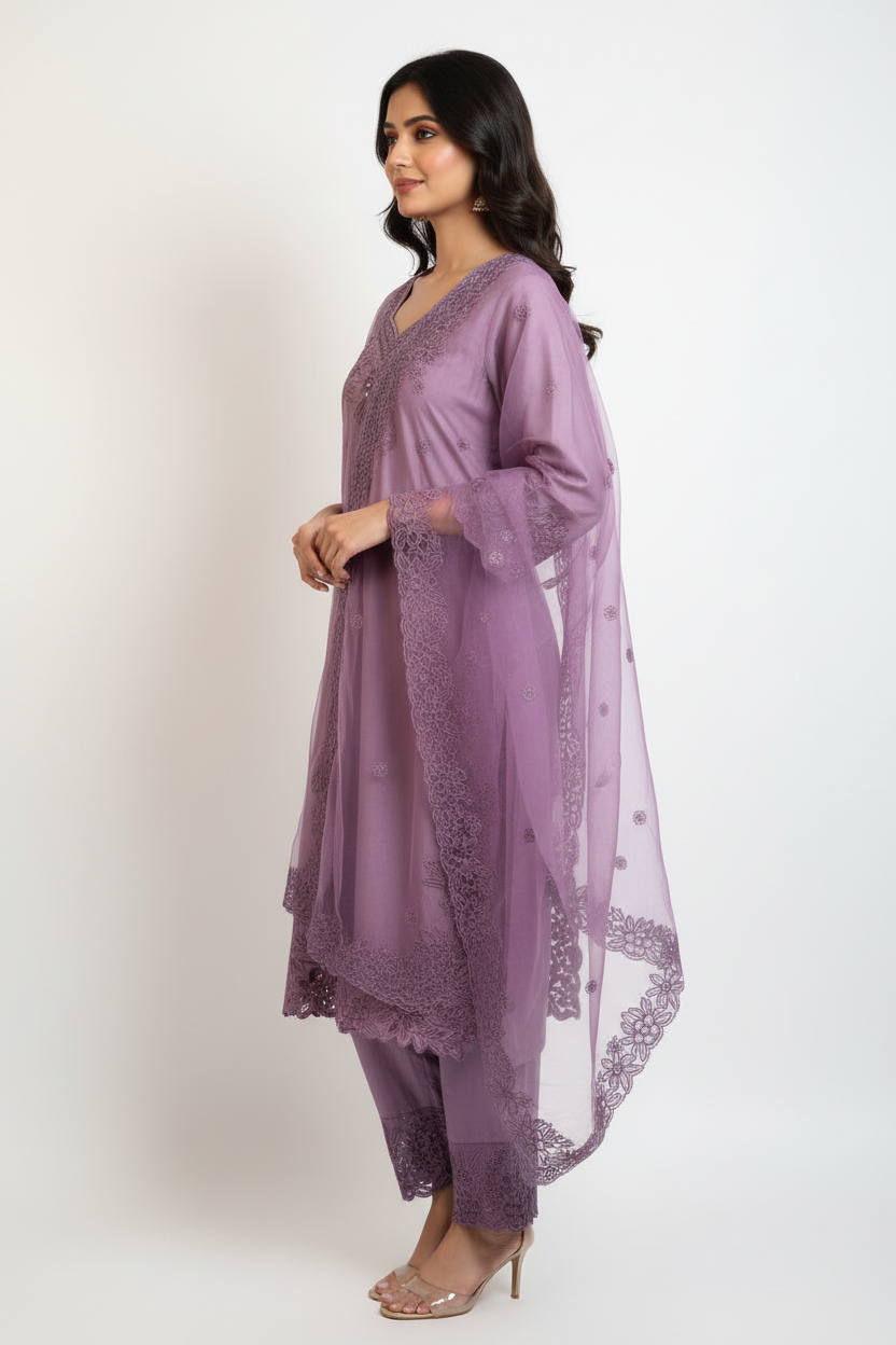Lavender Purple Embroidered Suit Set with Dupatta