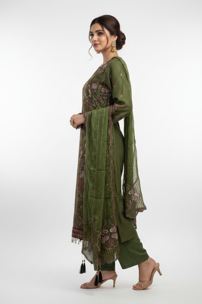 Olive Green Embroidered Suit