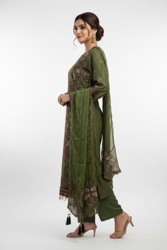 Olive Green Embroidered Suit