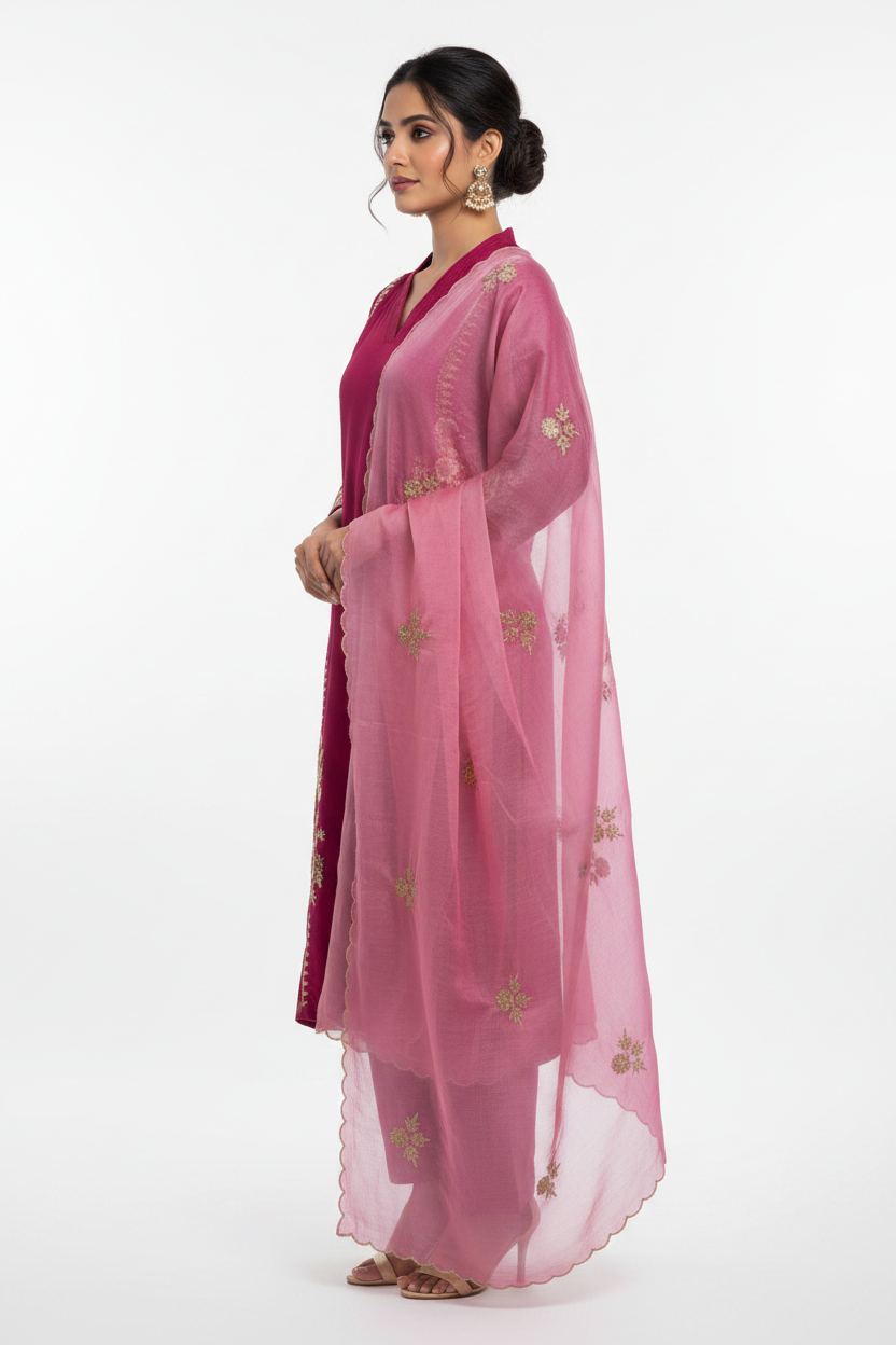 Magenta Pink Straight Kurta Pant Set with Dupatta