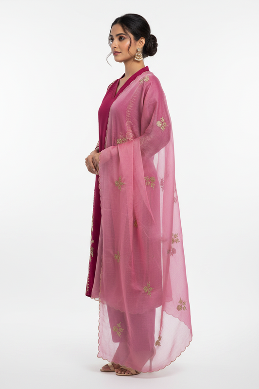 Magenta Pink Straight Kurta Pant Set with Dupatta