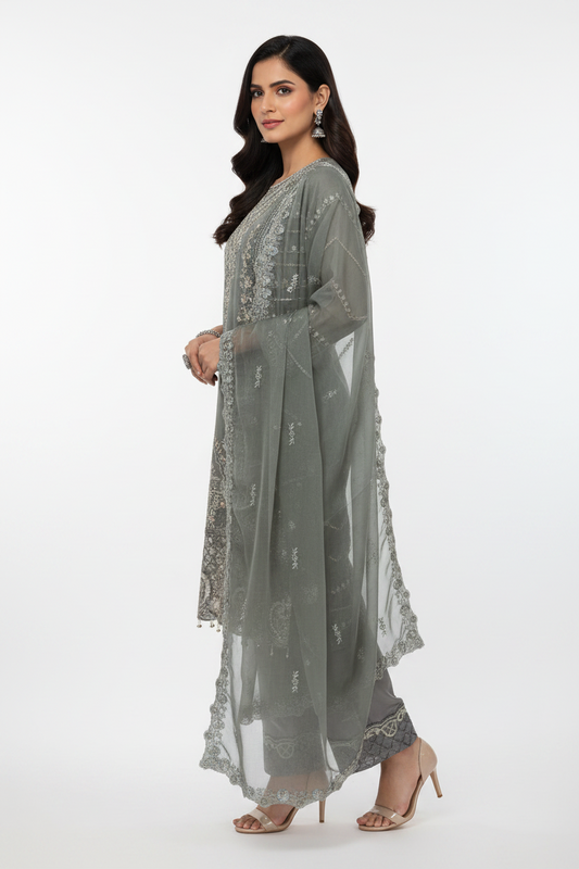 Sage Grey Straight Kurta with Palazzo Set