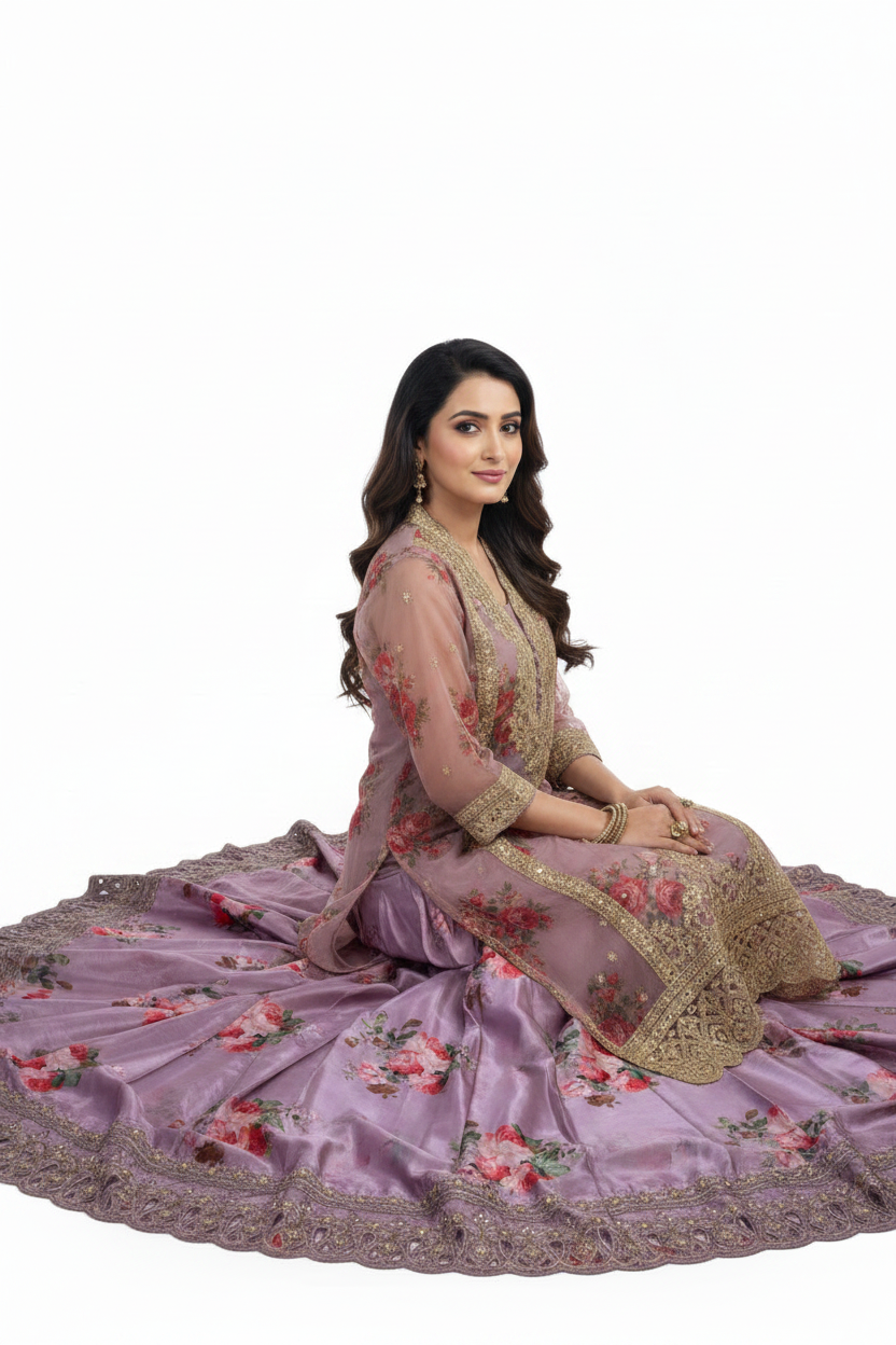 Lavender Floral Embroidered Lehenga Set