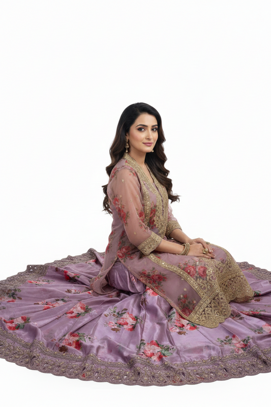 Lavender Floral Embroidered Lehenga Set
