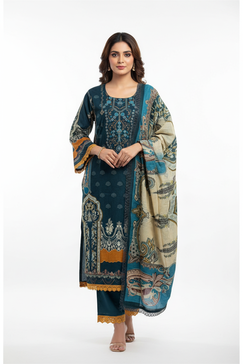 Teal Green Printed Suit