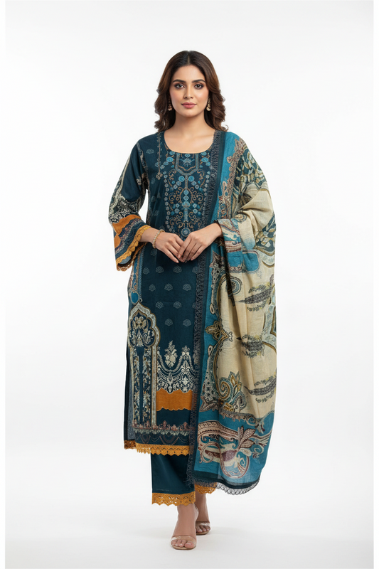 Teal Green Printed Suit