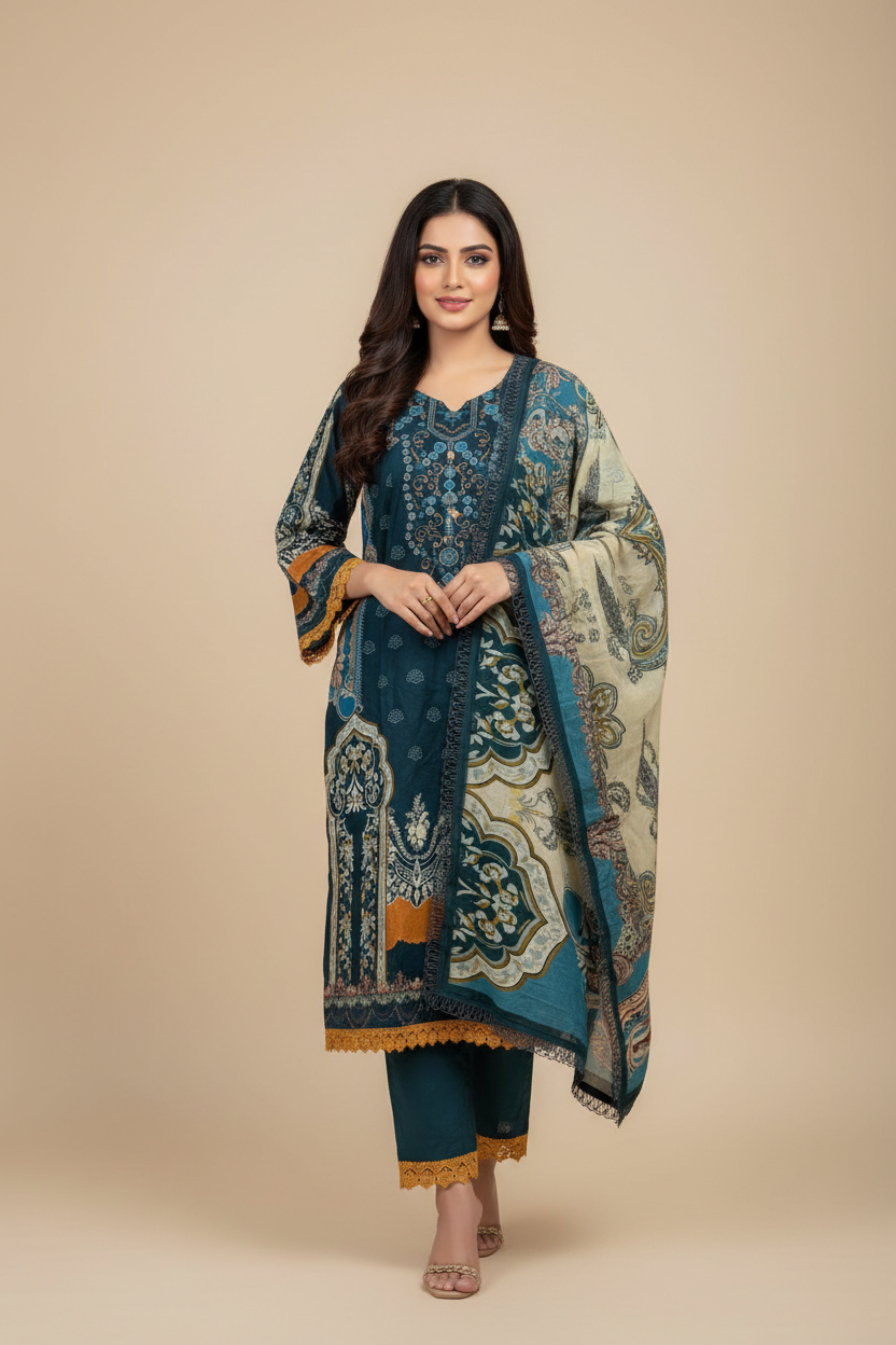 Teal Green Printed Suit