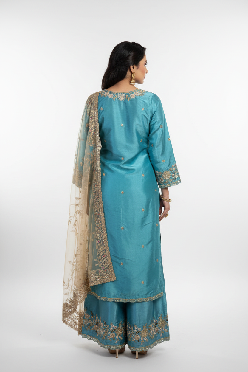 Mint Grey Embroidered Suit Set with Dupatta
