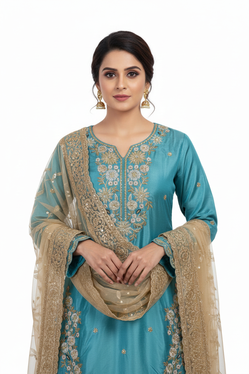Mint Grey Embroidered Suit Set with Dupatta