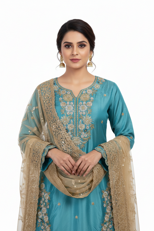 Mint Grey Embroidered Suit Set with Dupatta