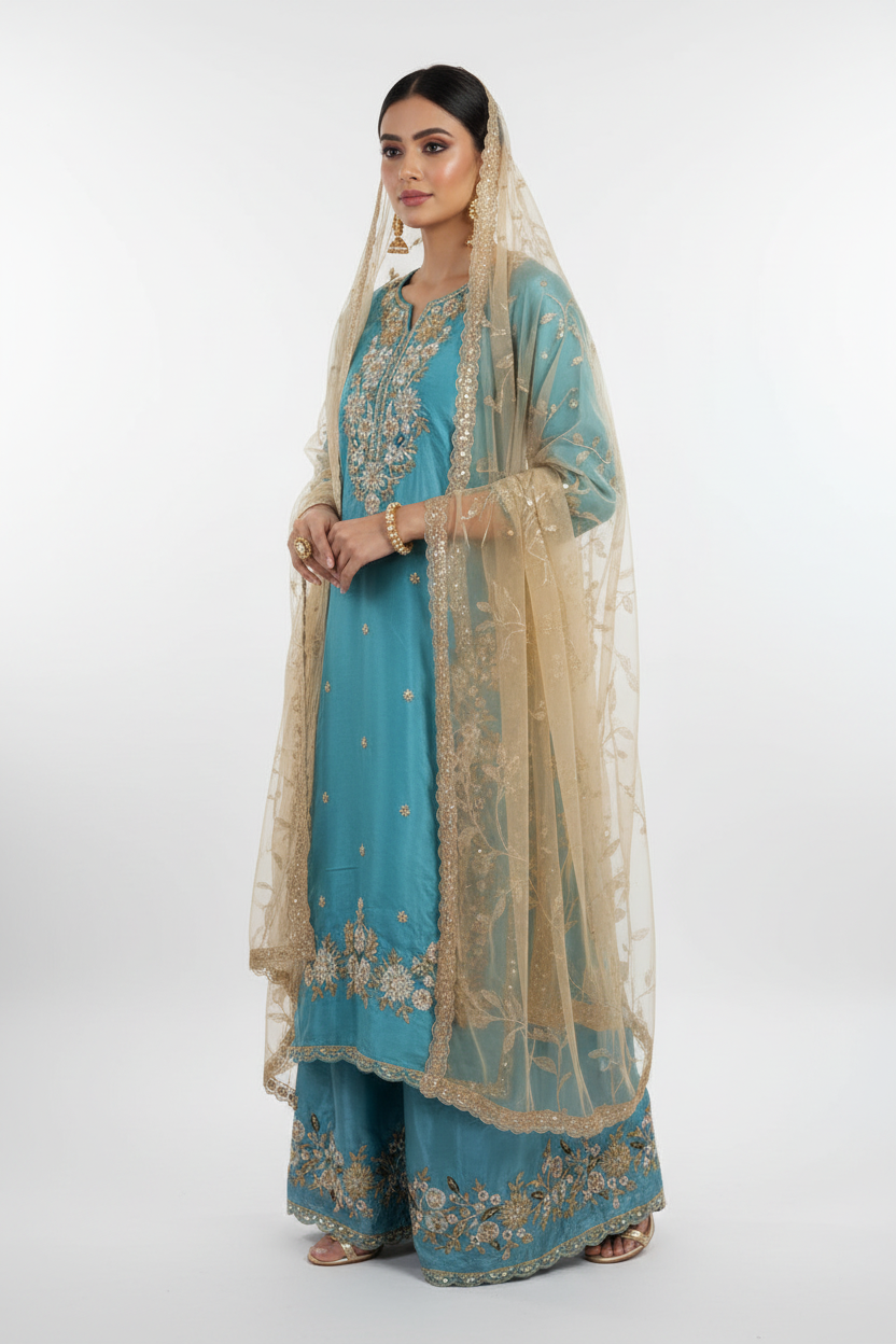 Mint Grey Embroidered Suit Set with Dupatta