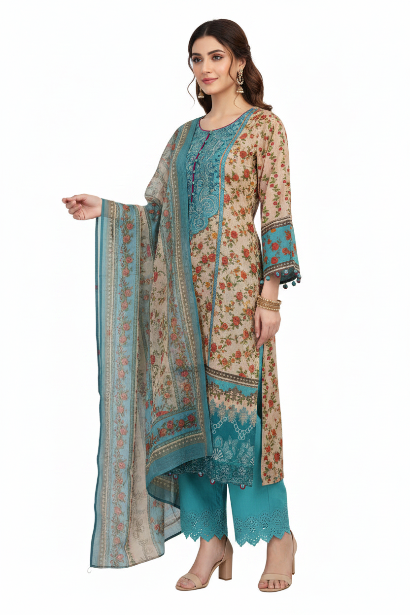 Teal Blue Floral Printed Suit