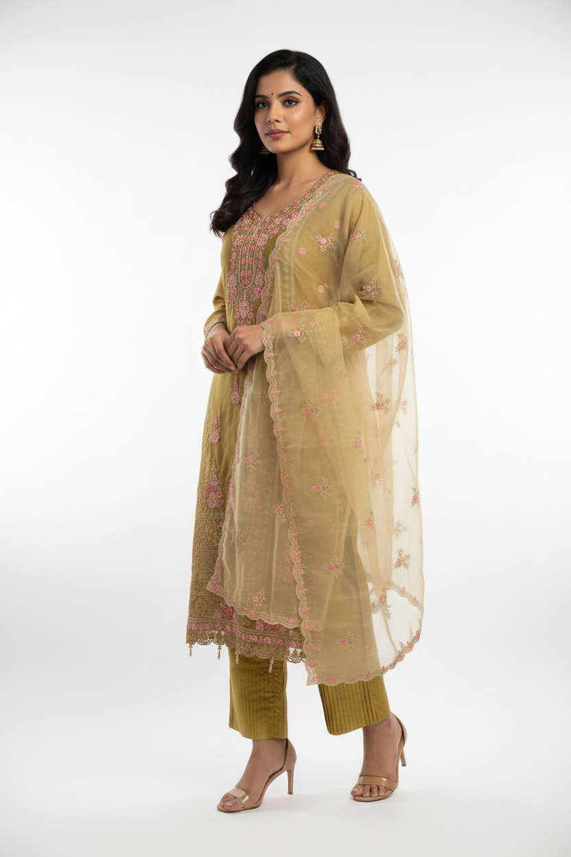 Olive Gold Organza Embroidered Suit