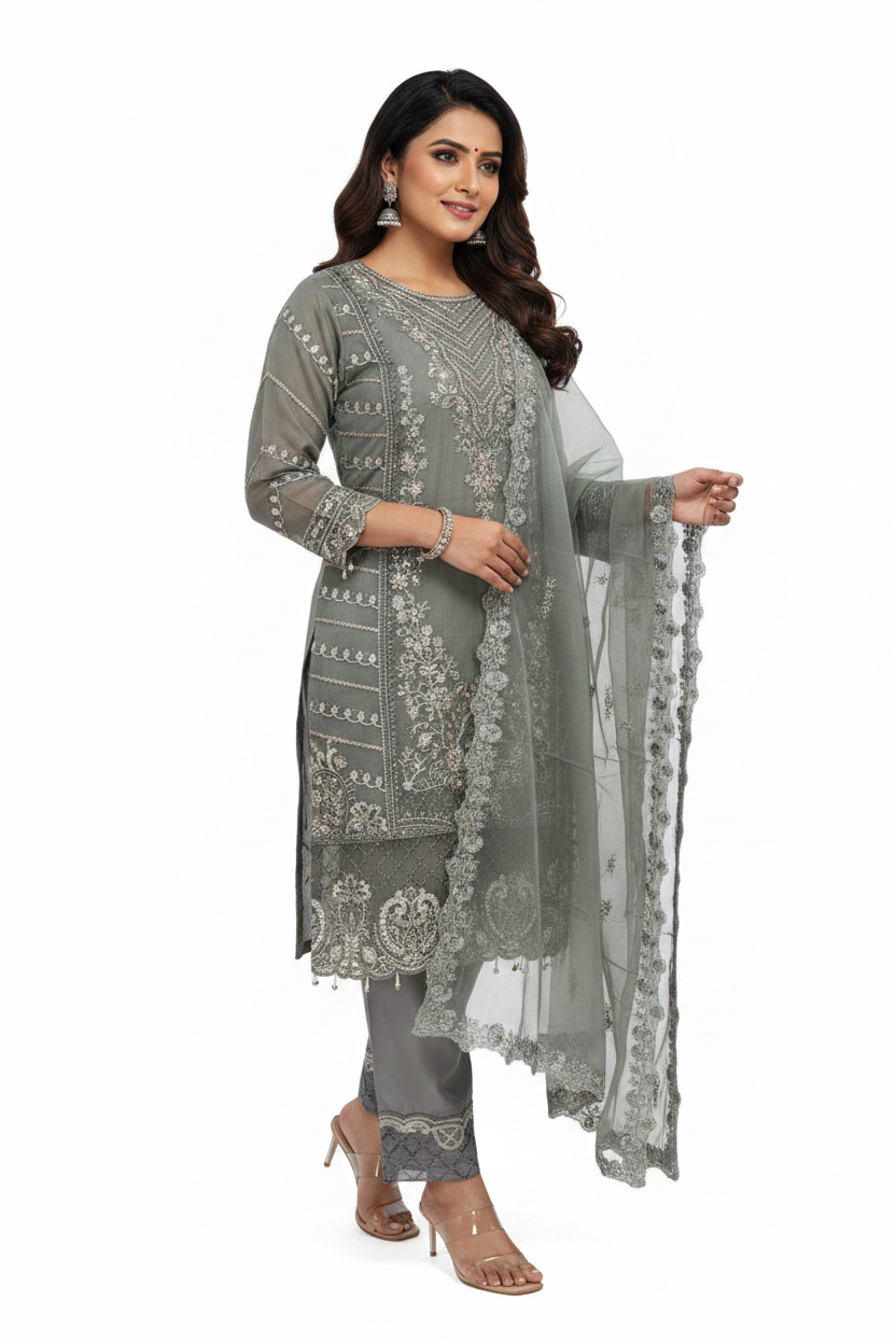 Sage Grey Straight Kurta with Palazzo Set