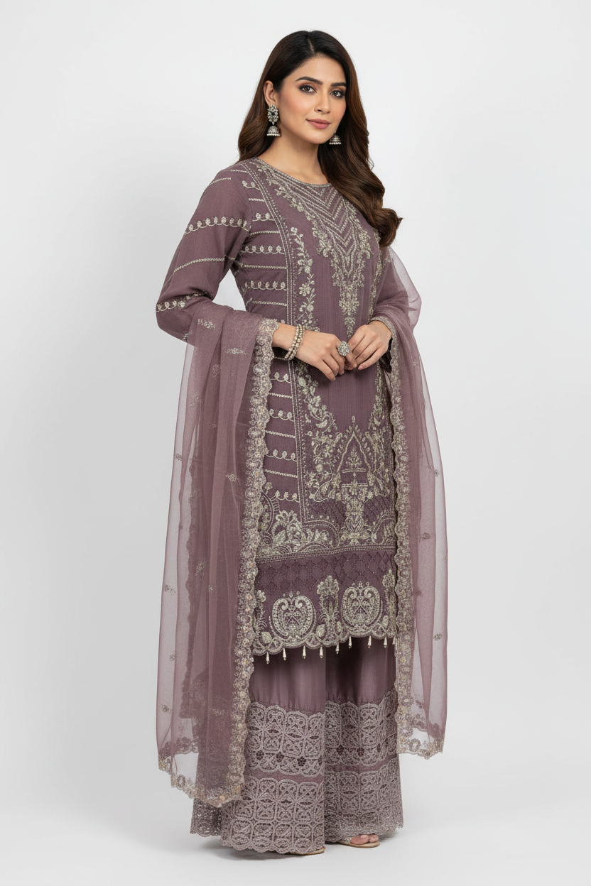 Pink Embroidered Sharara Suit Set