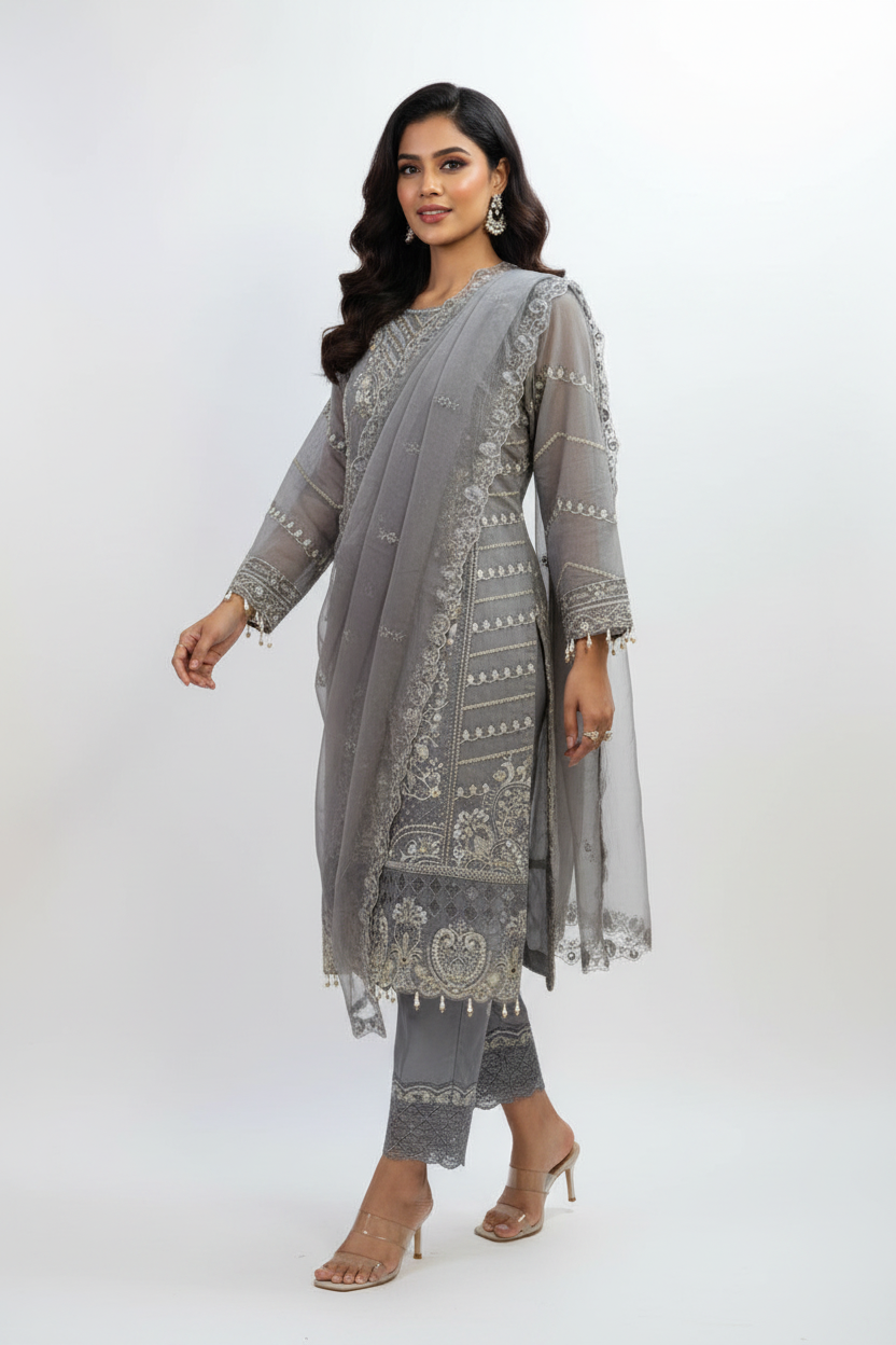 Sage Grey Straight Kurta with Palazzo Set