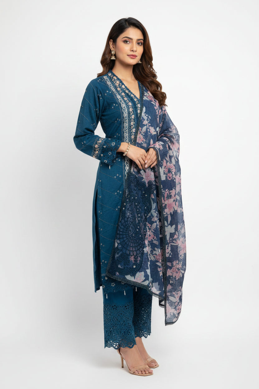 Teal Blue Cotton Printed Suit