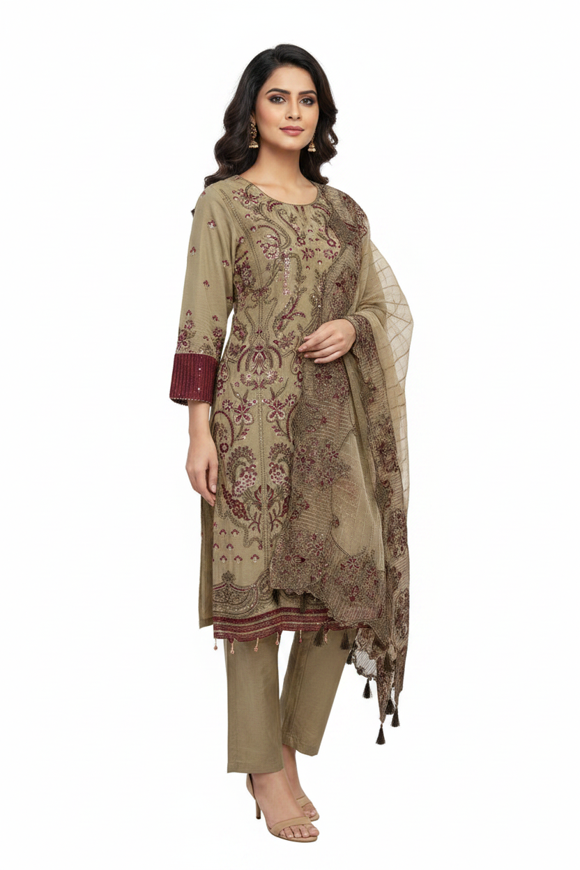 Beige Embroidered 3-Piece Suit