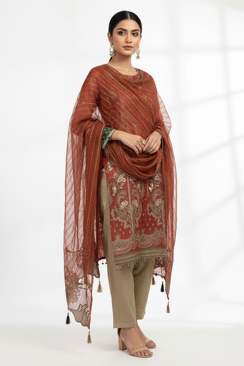 Rust Brown Embroidered 3-Piece Suit