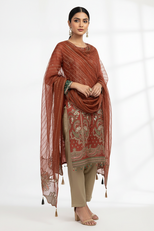 Rust Brown Embroidered 3-Piece Suit