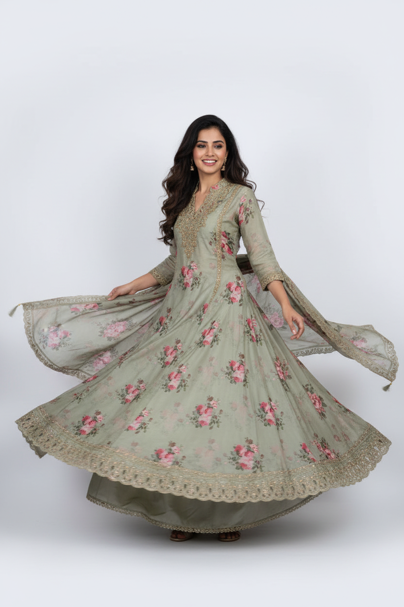 Elegant Sage Green Floral Printed Suit Set with Designer Dupatta
